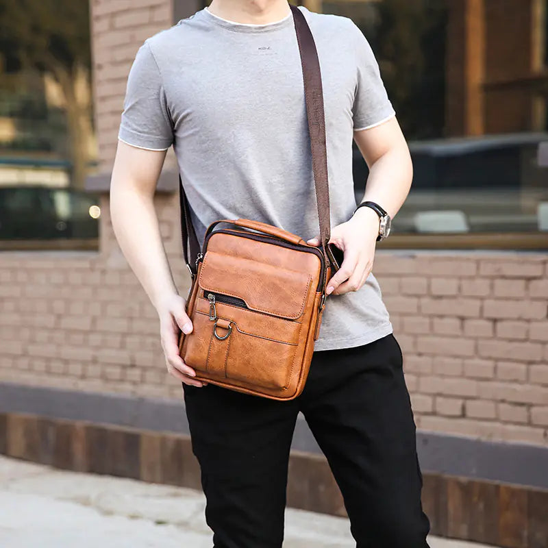 Vintage Leather Shoulder Bag for Men – Crossbody Satchel with Multiple Pocket